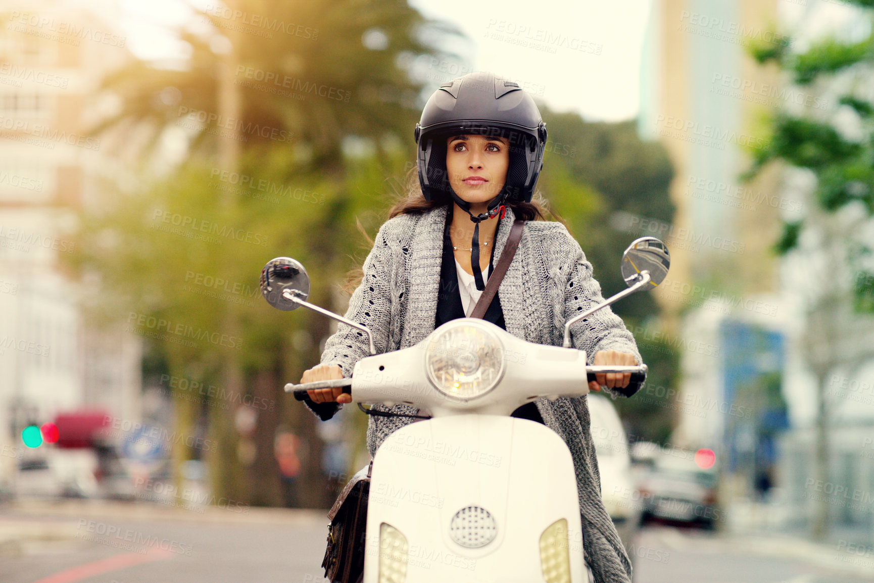Buy stock photo Woman, motorbike and transport in city, road or thinking with helmet, journey or travel in summer sunshine. Girl, motorcycle and outdoor in metro for transportation, vacation or freedom on street