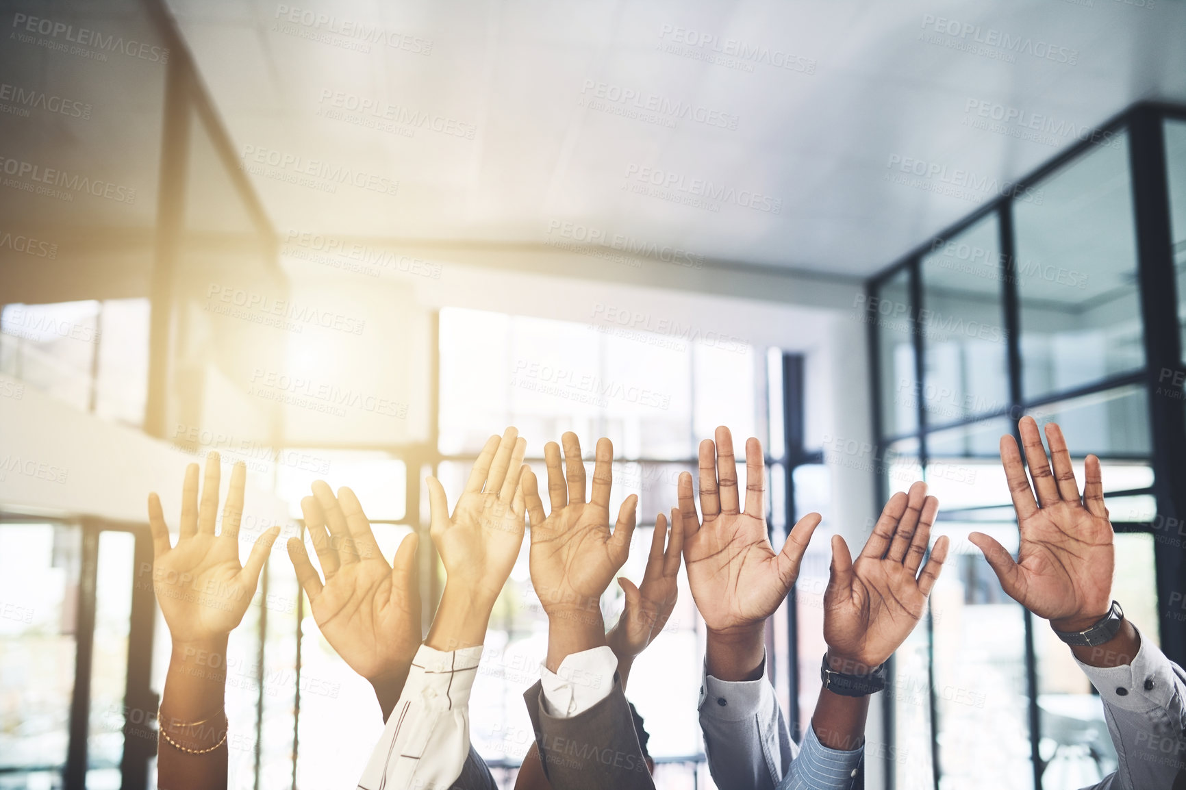 Buy stock photo Closeup shot of a group of businesspeople raising their hands in an office