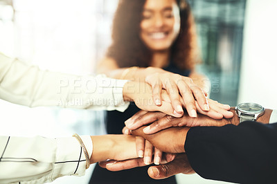 Buy stock photo Teamwork, stack and hands of business people in office for meeting, collaboration and support. Professional, corporate staff and men and women with gesture for solidarity, partnership and agreement