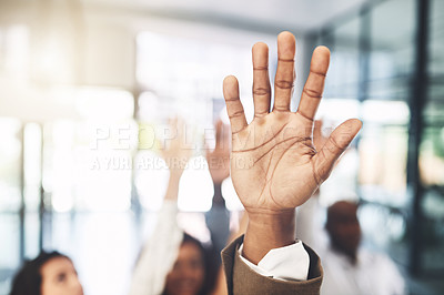 Buy stock photo Business, hands and answer at meeting in office with volunteer, team building and question in seminar. Collaboration, person and vote for participation, audience and presentation with mockup space