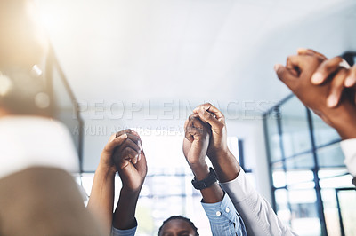 Buy stock photo Business people, team and holding hands in office, trust and synergy for support in project. Employees, partnership and together in solidarity for company growth, collaboration and united in mission