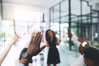 Buy stock photo Presentation, hands raised and team of business people with question in office for finance meeting. Discussion, speaker and audience of financial advisors with answer or vote at corporate seminar.
