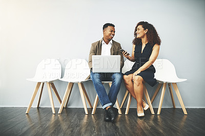 Buy stock photo Business man, laptop and staff queue on chairs in waiting room for interview with HR and talk. Recruitment, opportunity and computer for work with professional and mockup with web research at company