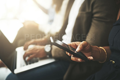 Buy stock photo Technology, hands and business people in waiting room for job search, recruitment opportunity or online application. Laptop, phone and employees in hr office for interview, career or web registration
