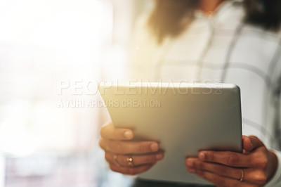 Buy stock photo Tablet, business and hands of woman in office for online report, agenda or website for email management. Scroll, networking and hr consultant on digital app for search, schedule or data connectivity