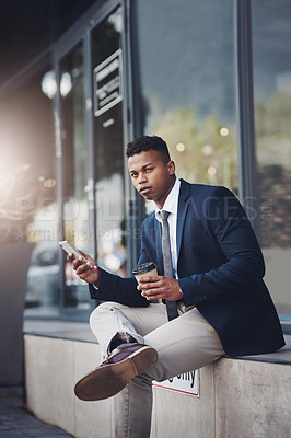 Buy stock photo Businessman, thinking and coffee break in city with phone for news, info or lawyer to contact client online. Typing, email and attorney planning reminder in notes, app or ideas for law on internet