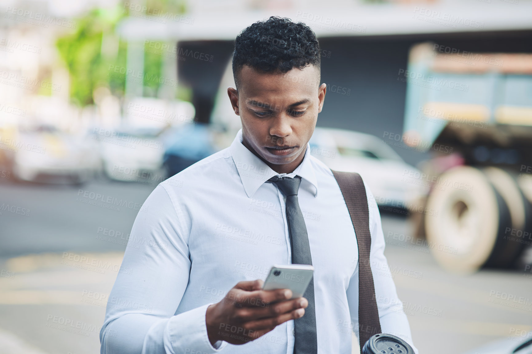 Buy stock photo Businessman, cellphone and texting or city commute or work travel or downtown, communication or corporate. Male person, smartphone and insurance broker or networking on digital app, internet or trip