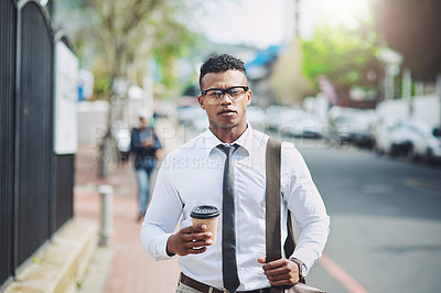 Buy stock photo Businessman, portrait and walking on coffee break in city to commute to office with lawyer in London. Travel, journey and black man with latte or tea in morning in town with calm and outdoor