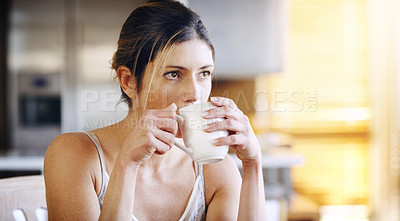 Buy stock photo Woman, thinking with coffee and home to relax, ideas or future with mindfulness on morning routine. Inspiration, insight and memory in the kitchen, drinking warm beverage and calm at the weekend