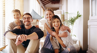Buy stock photo Parents, children and a portrait of a family moving house for a new start after real estate purchase. Homeowner mom, dad and kids as happy people in the living room of their property investment
