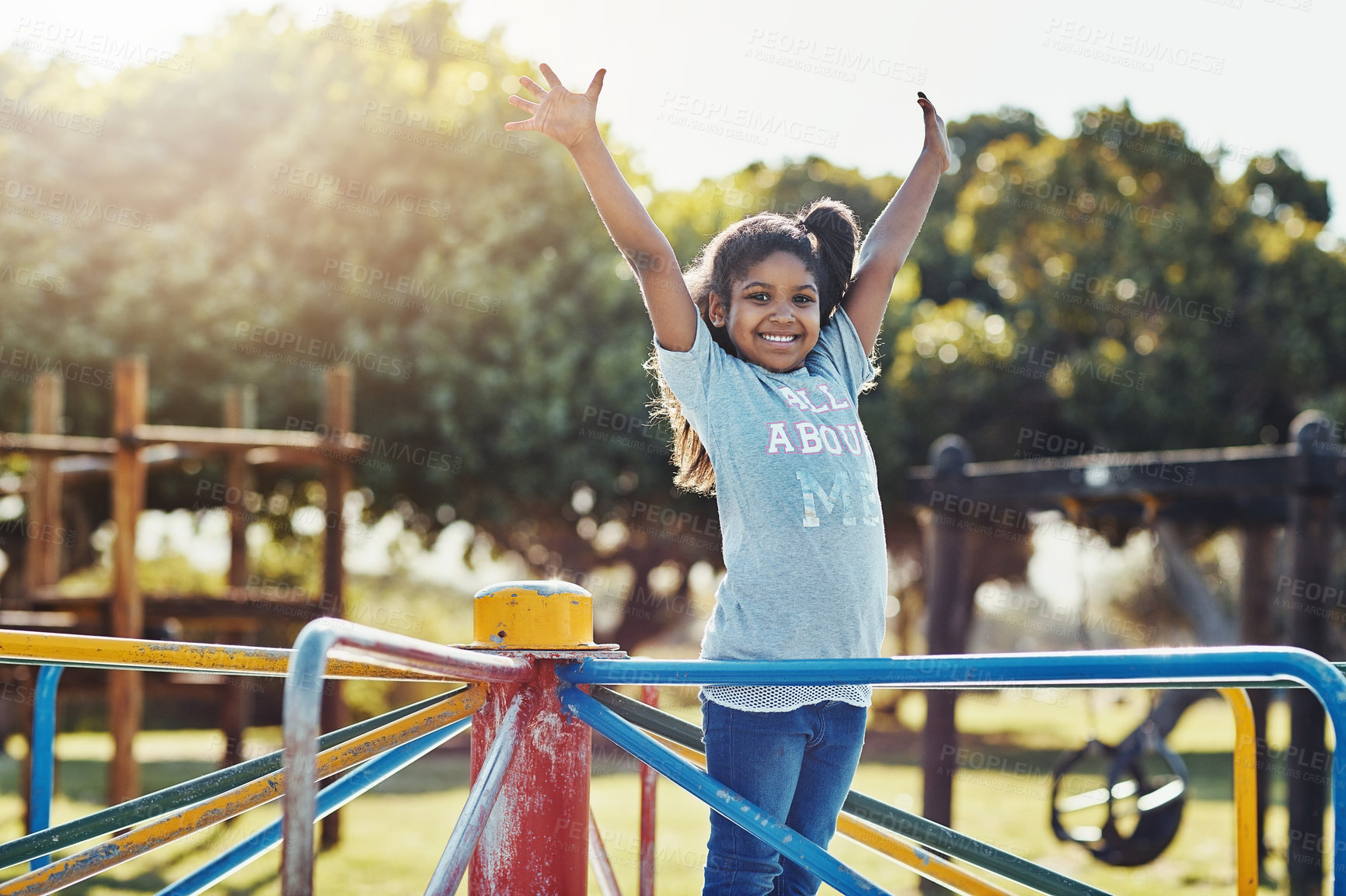 Buy stock photo Portrait, kid and carousel with playground, outside and love for summer break and play. Girl, celebration and park equipment for joy, fun and happy child smile with countryside merry go round