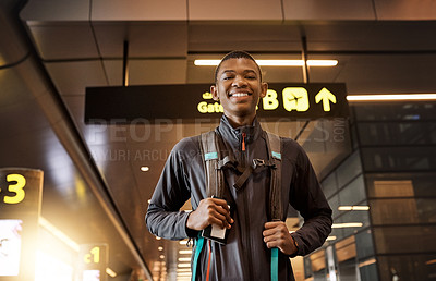 Buy stock photo Portrait, happy and black man in airport with backpack, international and flight to New Jersey for adventure. Trip, holiday and person with luggage, smile and vacation in USA, travel and tourist