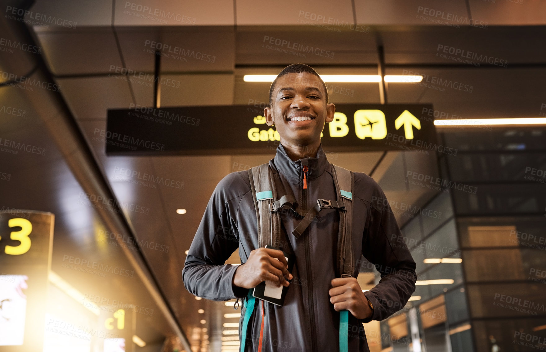 Buy stock photo Portrait, happy and black man in airport with backpack, international and flight to New Jersey for adventure. Trip, holiday and person with luggage, smile and vacation in USA, travel and tourist