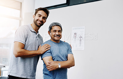 Buy stock photo Men, physiotherapist and happy with senior patient on portrait for rehabilitation, support and healthcare. People, smile and medical at clinic for workout, exercise and training for recovery and help