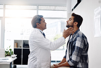 Buy stock photo Healthcare, consultation and doctor checking throat of patient with advice, help and solution. Medicine, health care and Indian man with neck pain in doctors office consulting medical professional.