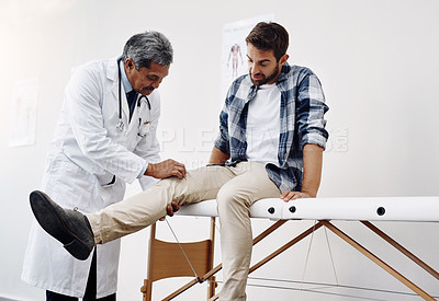 Buy stock photo Knee pain, patient and doctor in clinic, health care and help at wellness checkup of person at hospital. Medicine, healthcare and man with leg injury in doctors office consulting medical professional
