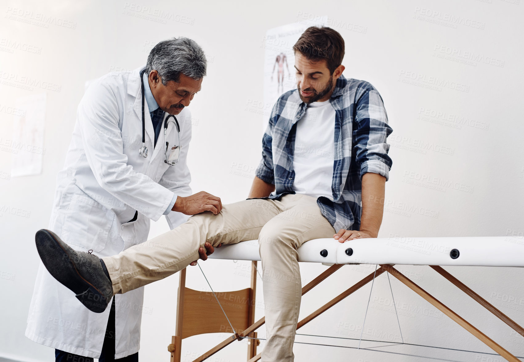 Buy stock photo Knee pain, patient and doctor in clinic, health care and help at wellness checkup of person at hospital. Medicine, healthcare and man with leg injury in doctors office consulting medical professional