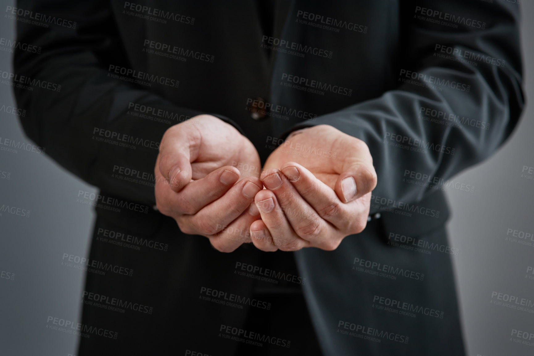 Buy stock photo Begging, hands and poverty with business man in studio on gray background for bankruptcy or unemployment. Asking, charity and offer with open palms of person for debt, donation or help closeup