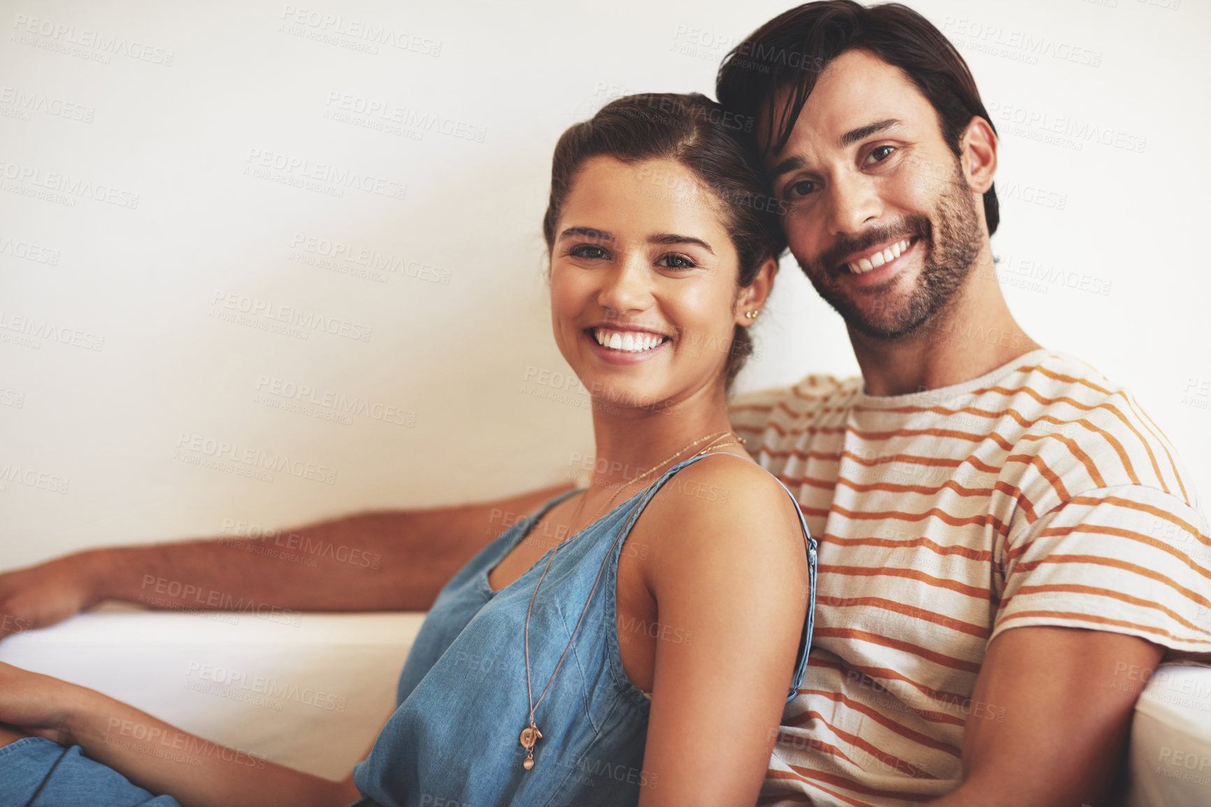 Buy stock photo Portrait, house and relax with couple, love and happiness with romantic, relationship and trust. Face, comfort or man with woman, smile and time together with affection, marriage and dating with care