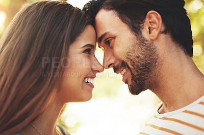 Buy stock photo Couple, happy and outdoor with smile, embrace and love on vacation in park or garden. Care, support and young people together with travel, autumn break and nature with intimacy and romance on trip