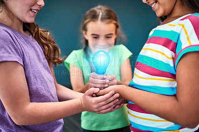 Buy stock photo Education, idea and lightbulb with children in studio for inspiration, learning and future. Problem solving, knowledge and innovation with hands of students on background for electricity energy