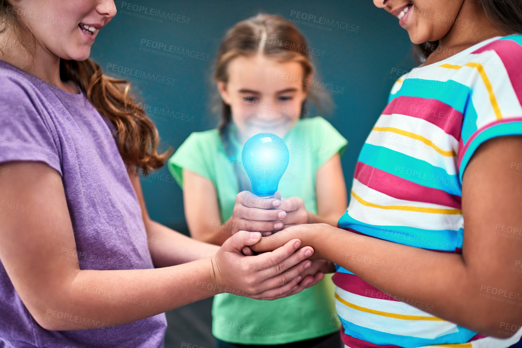 Buy stock photo Education, idea and lightbulb with children in studio for inspiration, learning and future. Problem solving, knowledge and innovation with hands of students on background for electricity energy