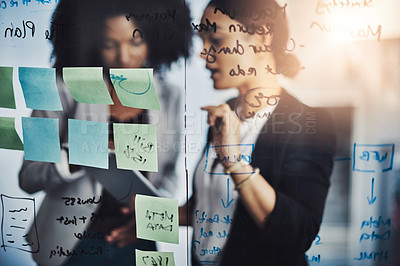 Buy stock photo Research, teamwork and business meeting by women planning schedule on digital tablet in office. Agenda, management and lady team online for solution, strategy or brainstorming mission on sticky note