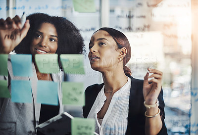 Buy stock photo Writing, schedule and meeting by business women planning agenda or calendar and sticky note in office. Teamwork, management and female person team collaboration for solution, strategy and mission