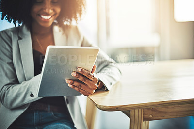 Buy stock photo Hands, business or woman with tablet, typing or online reading with communications consultant. Closeup, person or entrepreneur with tech, creative agency or social media with internet or app for news