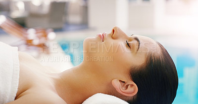 Buy stock photo Spa, salon and woman relax at pool for massage, facial treatment and luxury pamper. Aesthetic, dermatology and person with eyes closed at resort for wellness, cosmetics service and beauty therapy