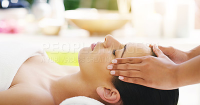 Buy stock photo Woman, hands and face massage at salon for zen, physical therapy or healthy wellness in relax at resort. Calm female person relaxing or sleeping in luxury facial treatment or stress relief at the spa