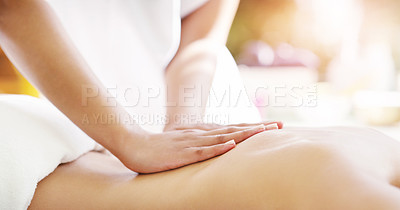 Buy stock photo Woman, hands and back massage at spa in relax for zen, physical therapy or treatment at the resort. Hand of masseuse giving female a relaxing body rub for muscle relief, peace or wellness at a salon