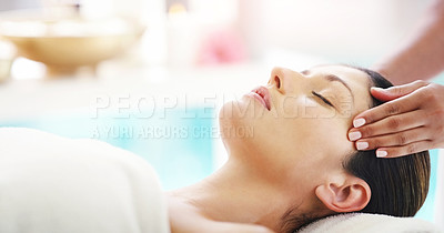Buy stock photo Woman, hands and face massage at spa for healthy wellness, skincare or stress relief in relax at resort. Hand of masseuse with calm female person relaxing in peaceful zen or facial treatment at salon
