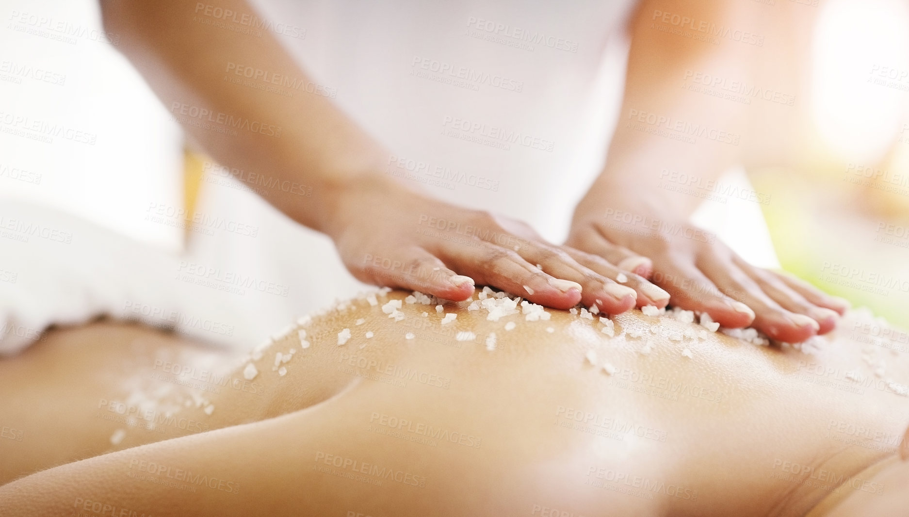 Buy stock photo Spa, salt and woman hands massage client for skin care, self love and luxury stress relief for the body to relax. Scrubbing, beauty and person in a dermatology salon to exfoliate for wellness