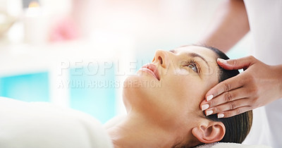 Buy stock photo Woman, hands and face massage at salon for healthy wellness, skincare or stress relief in relax at resort. Hand of masseuse with calm female person relaxing in peaceful zen or facial treatment at spa