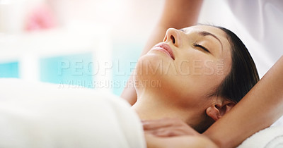Buy stock photo Woman, hands and massage in relax at spa for healthy wellness, skincare or stress relief at resort. Hand of masseuse with calm female person relaxing in peaceful zen or body treatment at the salon
