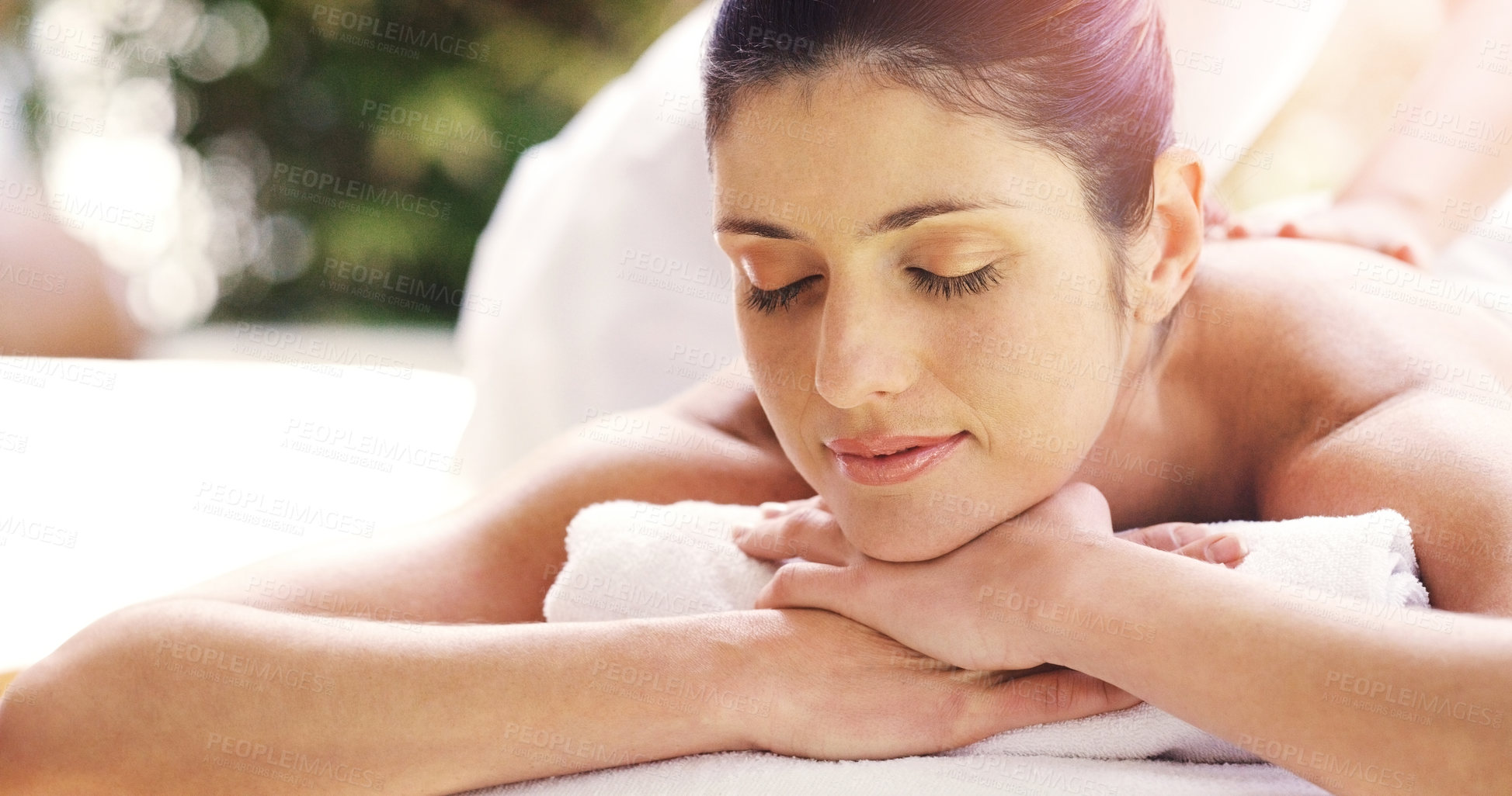 Buy stock photo Woman, relax and back massage at spa sleeping for healthy wellness, skincare or stress relief at the resort. Calm female person relaxing in peaceful zen, reiki or luxury body treatment at the salon