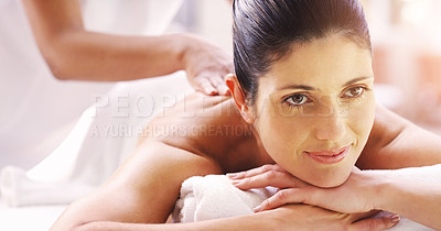 Buy stock photo Back massage, salon and woman relax at spa for massage, skincare treatment and luxury pamper. Aesthetic, dermatology and happy person at resort for wellness, cosmetics service and beauty therapy