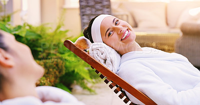 Buy stock photo Happy woman, friends and relax with treatment at spa for holiday, getaway or outdoor vacation. Female person with smile on day in relaxation, beauty or skincare therapy for weekend together at resort
