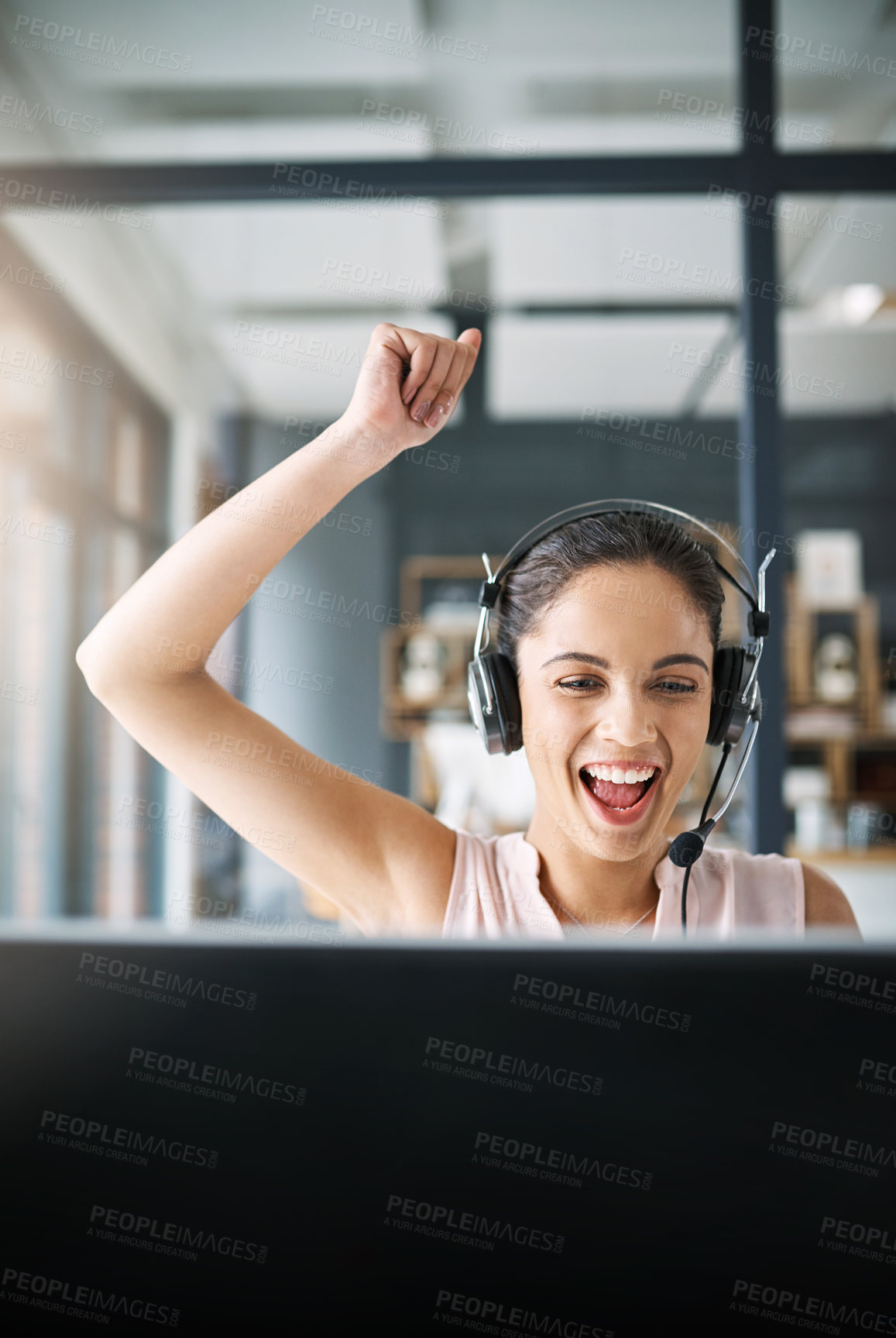 Buy stock photo Happy woman, call center and celebration for winning, success or promotion in customer service or telemarketing at the office. Excited female person or consultant agent winner in contact us or sale