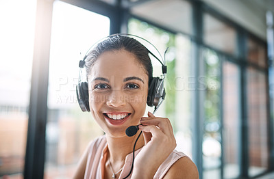 Buy stock photo Customer support, portrait and female call center consultant working on online consultation in office. Contact us, headset and face of woman telemarketing agent with crm communication in workplace.