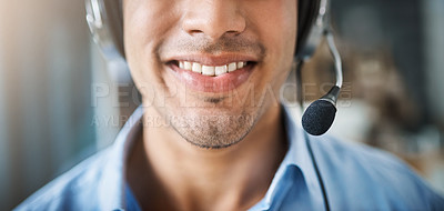 Buy stock photo Happy man, teeth and smile in call center with mic for customer service or telemarketing at office. Closeup of friendly male person or consultant agent mouth smiling with headphones in contact us