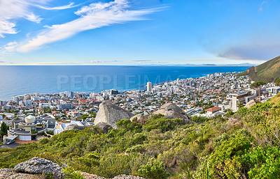 Buy stock photo Aerial view of Sea Point, Cape Town, South Africa