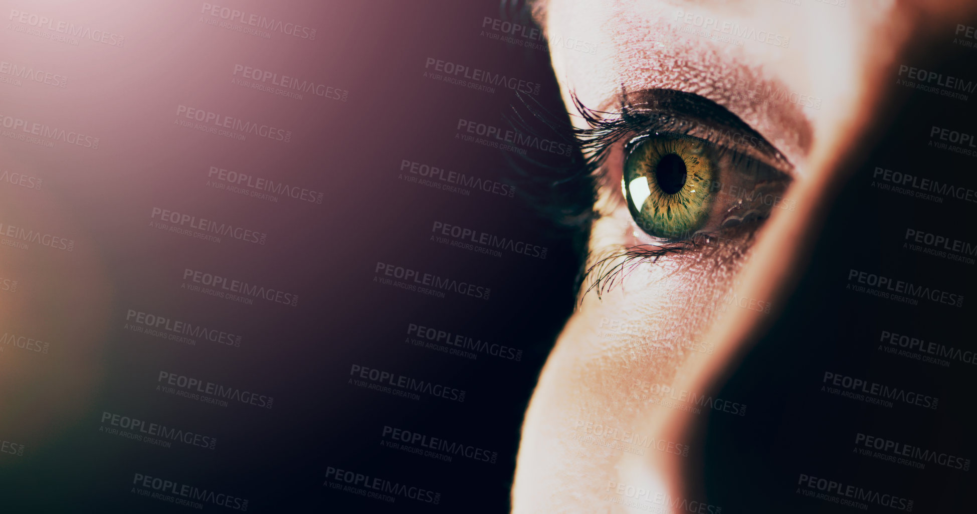 Buy stock photo Woman, face and closeup of eye on mockup space for vision or sight against a dark background. Female person with eyelashes and green or hazel eyes looking in perception, eyesight or light on mock up