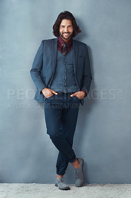 Buy stock photo Portrait, businessman and happy for fashion in studio on gray background with hands on pocket. Male person, confidence and smile as entrepreneur with office wear, outfit and elegant style or clothes