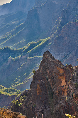 Buy stock photo Scenic mountain view of Roque de Los Muchachos in La Palma, Canary Islands, Spain. Landscape of rough, volcanic hiking terrain with steep sides on misty morning. Popular travel or tourism destination