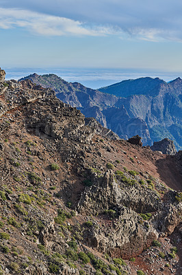 Buy stock photo Mountain, nature and valley with landscape view of natural environment in La Palma, Spain. Earth, scenic and volcanic location of rocky terrain at Roque de los Muchachos in Europe for sightseeing