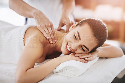 Buy stock photo Relax, smile and massage with woman in spa for wellness, luxury and cosmetics treatment. Skincare, peace and zen with female customer and hands of therapist for physical therapy, salon and detox