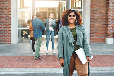 Buy stock photo Portrait, happy woman or art student on outdoor campus in university for opportunity or study in college. Confident, file or proud person with smile or portfolio for school, education or scholarship