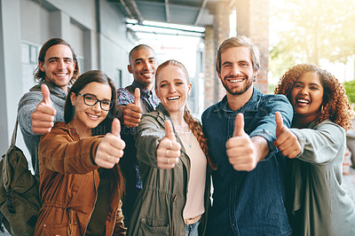 Buy stock photo Happy people, portrait and students with thumbs up in diversity for review or learning together at university. Young group, friends or team with smile, like emoji or yes sign for higher education